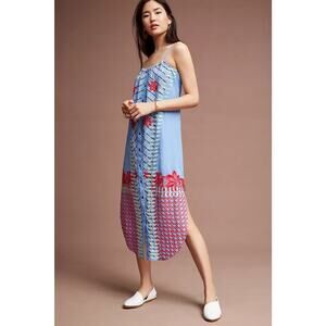 New Anthropologie Lilka Womens Blue Palisades Embroidered Midi Dress XS
